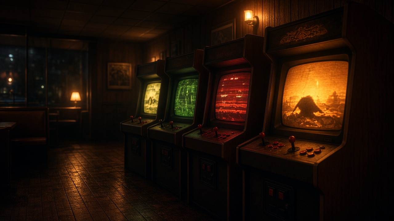 A row of lit arcade cabinets